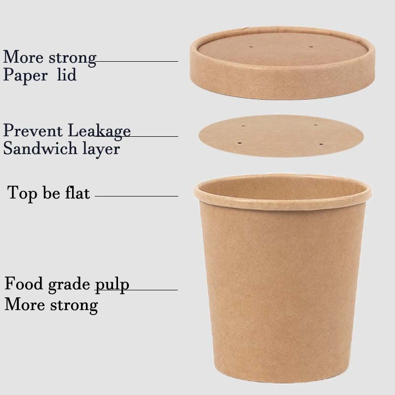 High-Grade Thickened Disposable Kraft Paper Bucket Soup Bowl Snacks Soup Noodle Takeaway Package Soup Cup with Lid